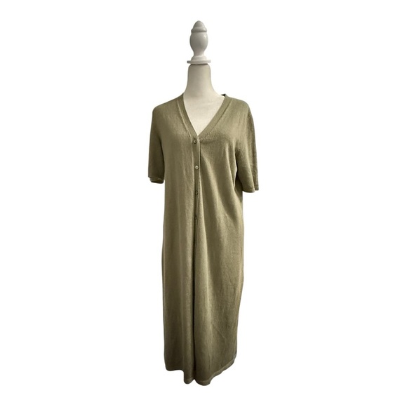 J. Jill Tan Linen Blend Knit Midi Dress Size Small Button Front V-Neck - Picture 1 of 8